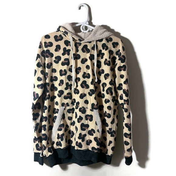 New Like Love Leopard Print Sweatshirt w/Faux Shearling Lined Hoodie Size Small - Picture 2 of 9